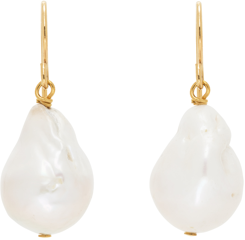 Jil Sander Gold & White Pearl Grainy Earrings In 713 Gold+white
