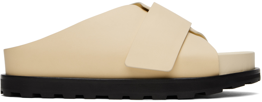 Beige Cross-Strap Leather Slides