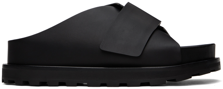 Black Cross-Strap Leather Slides