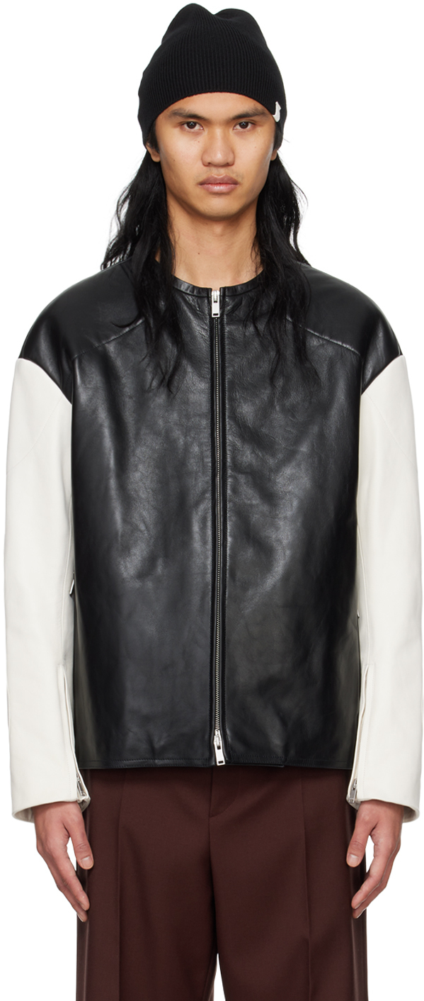 Shop Jil Sander Black & White Zip Leather Biker Jacket In 001 Black