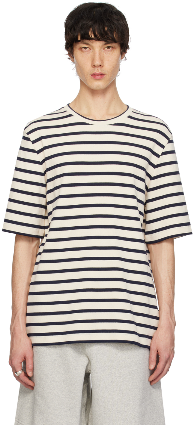 Jil Sander: Beige & Navy Multistripe T-Shirt | SSENSE