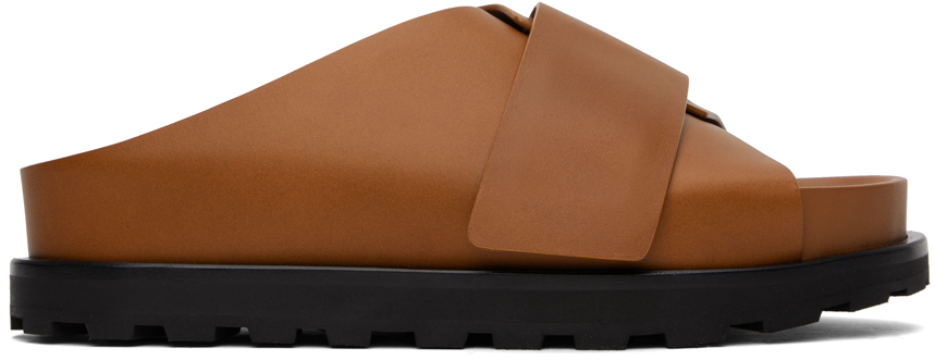 Jil Sander Tan Cross-strap Leather Slides In 225 Acorn