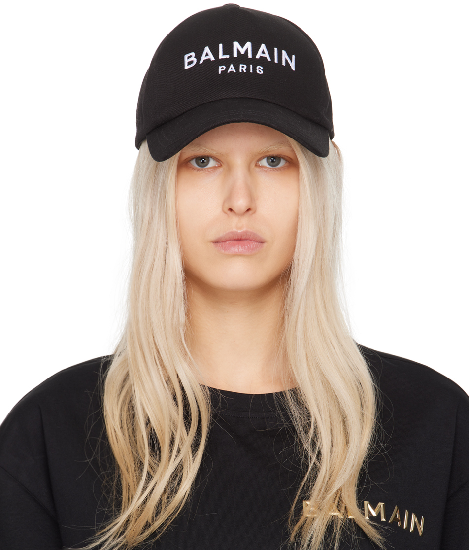 Shop Balmain Black Embroidered Cap In Eab Noir/blanc