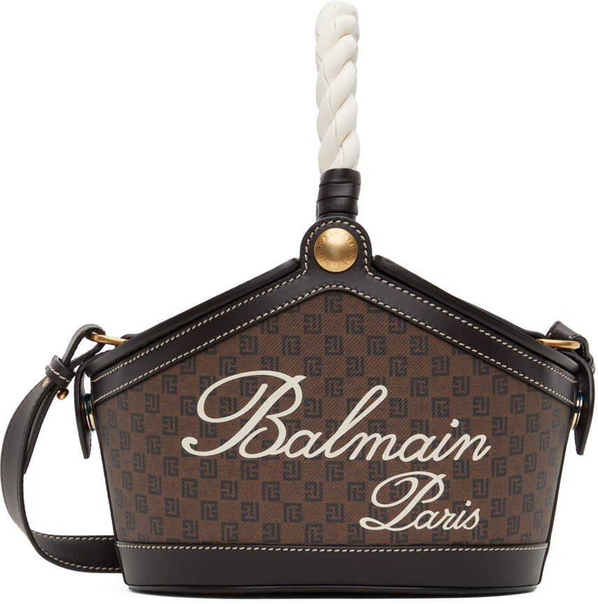 Shop Balmain Brown Monogram Canvas & Leather Bucket Bag In Eeo Noir/marron/sabl