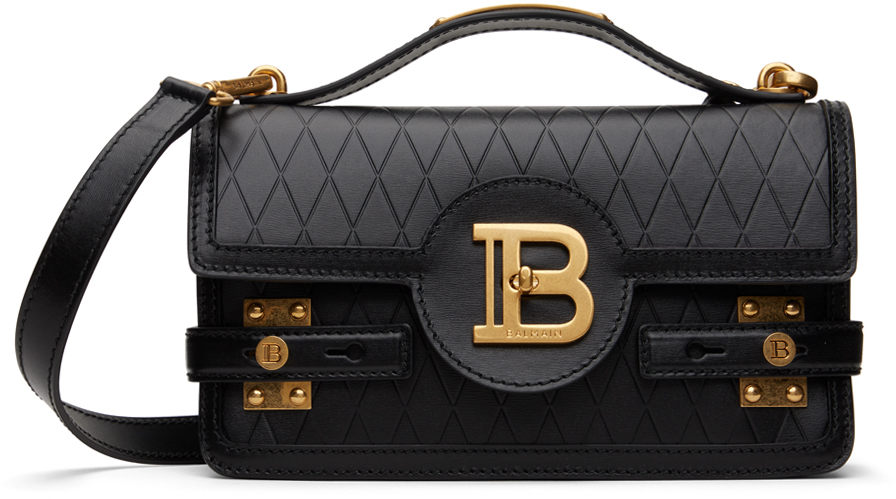 Balmain B Buzz 24 Embossed Grid Shoulder Bag In Black/gold