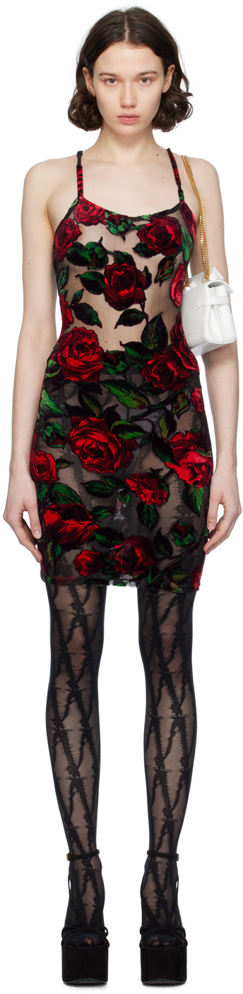 Shop Balmain Black & Red Rose Minidress In Elk Noir/rouge/vert