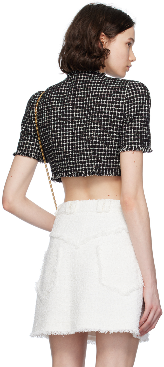 Balmain Cropped Embellished Cotton-blend Tweed Jacket In Gab Blanc/noir
