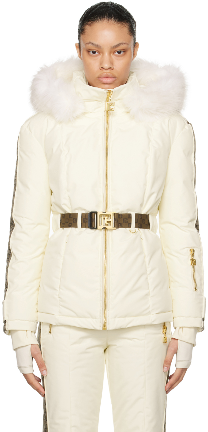 Shop Balmain White Belted Puffer Jacket In Goz Crème/marron/mar