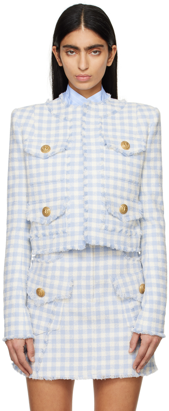 Balmain: Blue & White Check Jacket | SSENSE