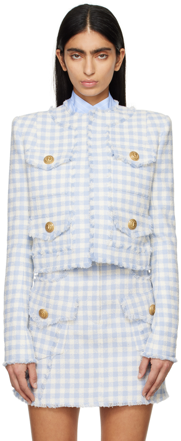 Shop Balmain Blue & White Check Jacket In Slj Bleu Palé/blanc