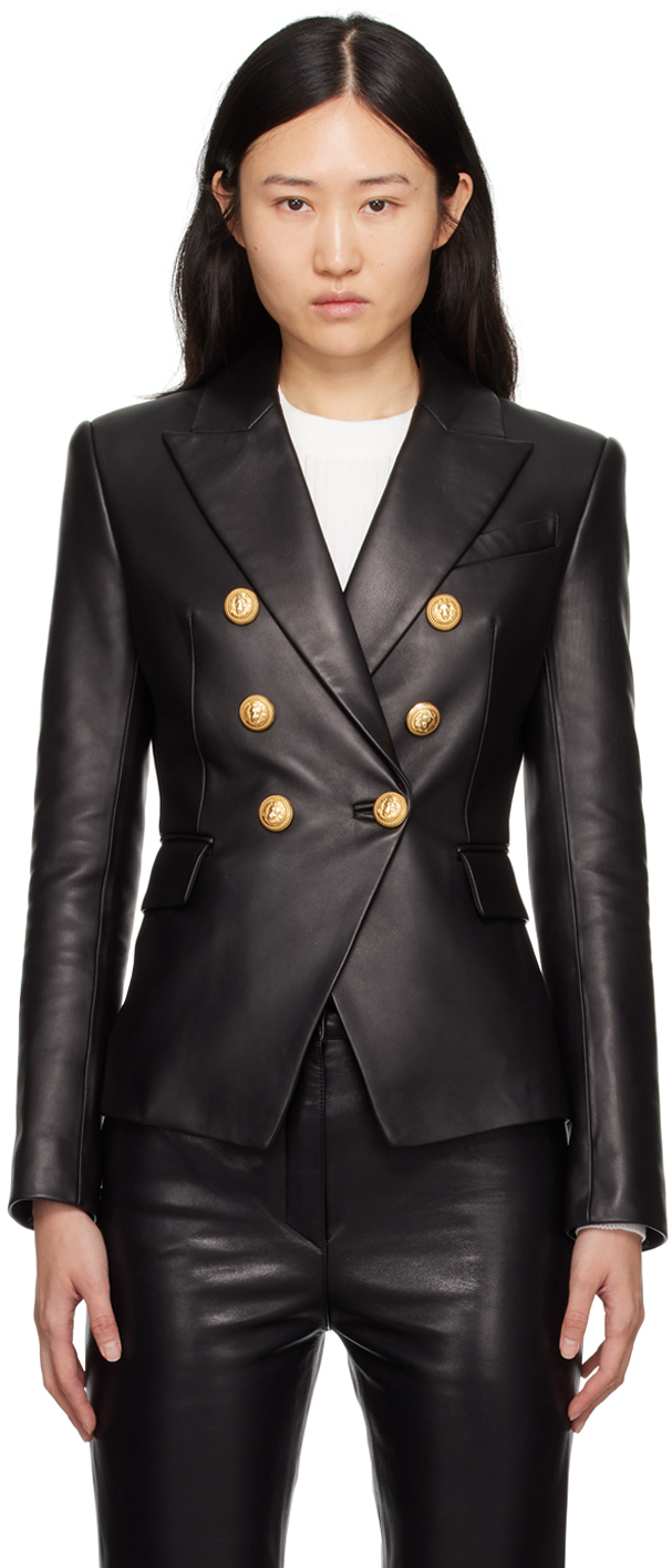 Balmain Black 6-button Leather Jacket In 0pa Noir