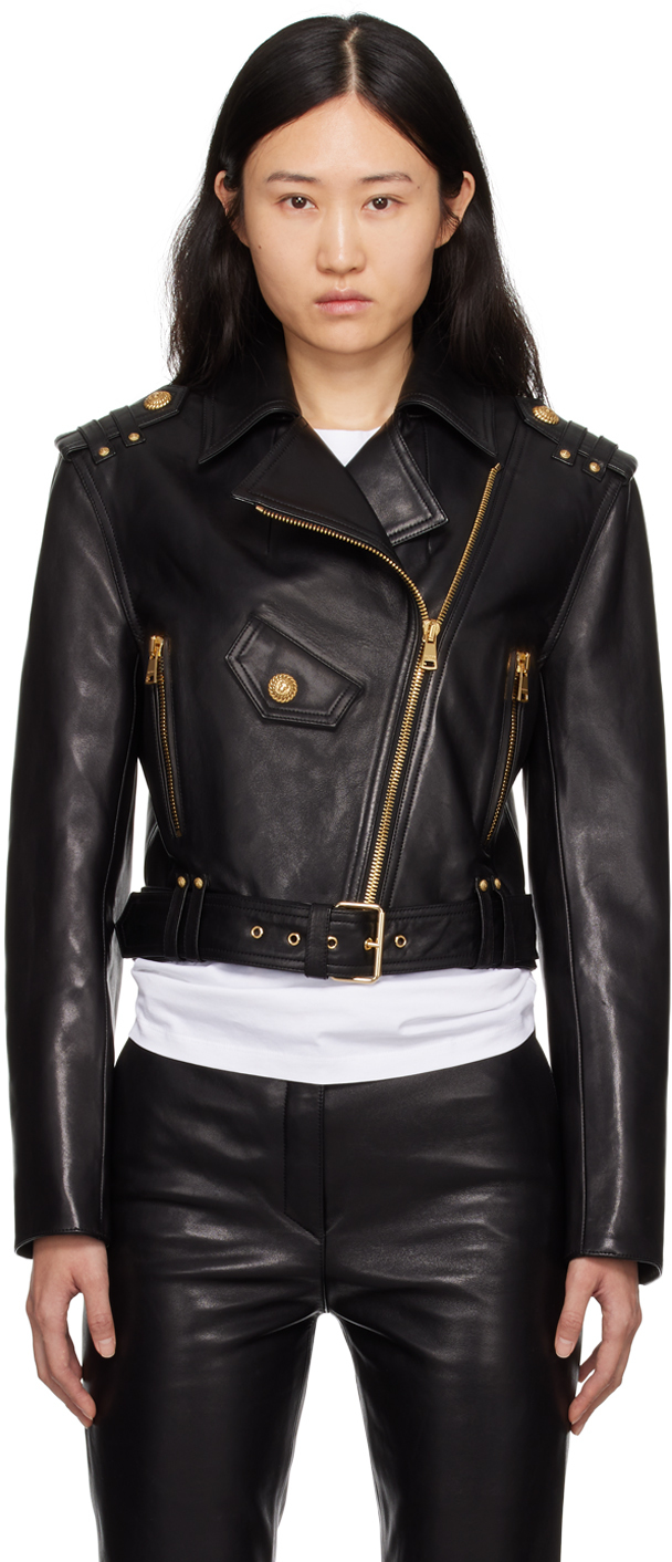 Shop Balmain Black Zipped Leather Biker Jacket In 0pa Noir