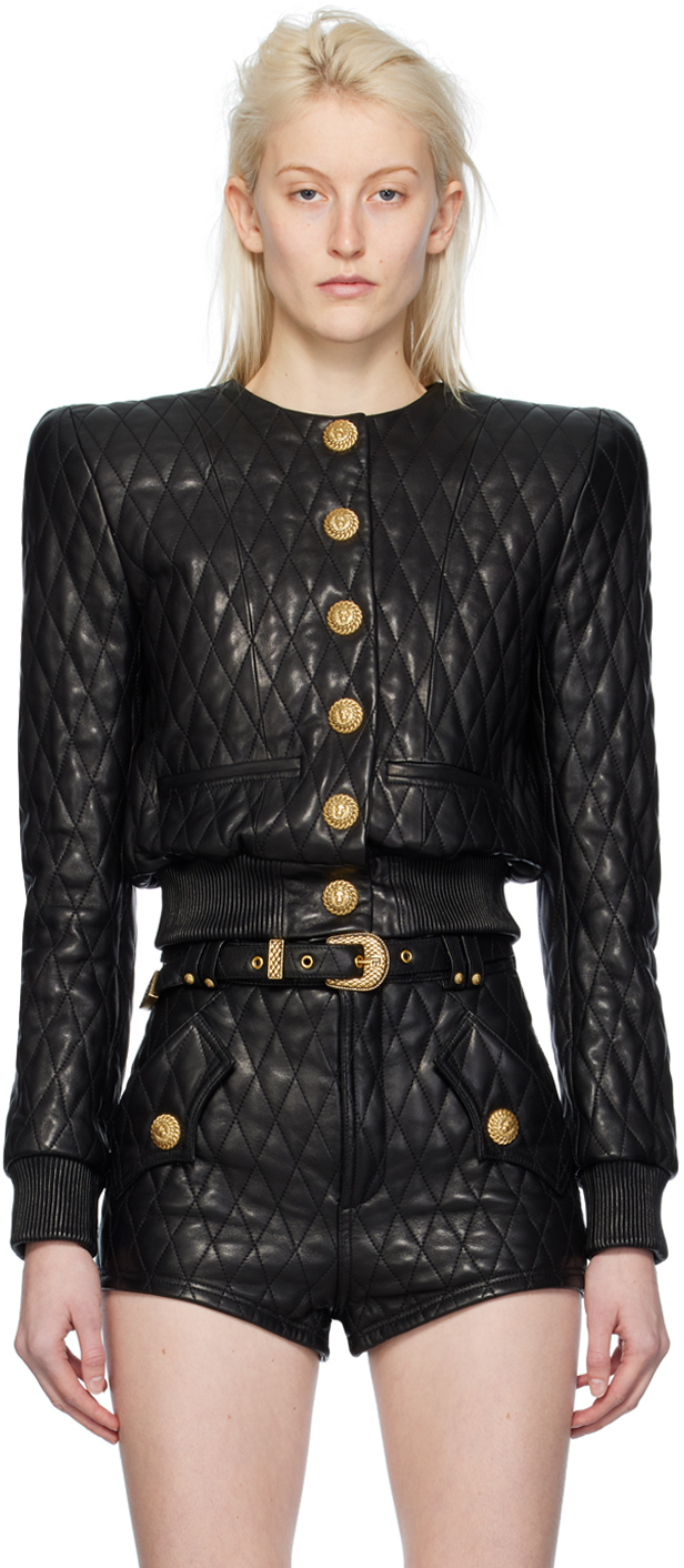 Shop Balmain Black Quilted Leather Jacket In 0pa Noir