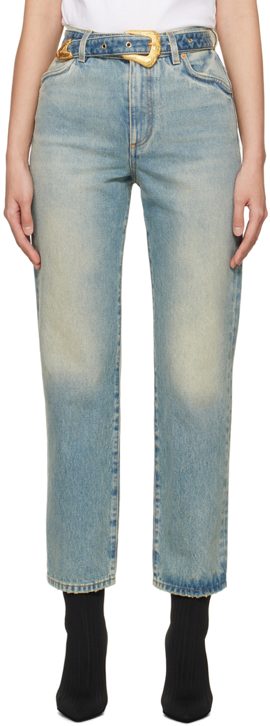 Shop Balmain Blue Classic Belted Jeans In 6ff Bleu Jean