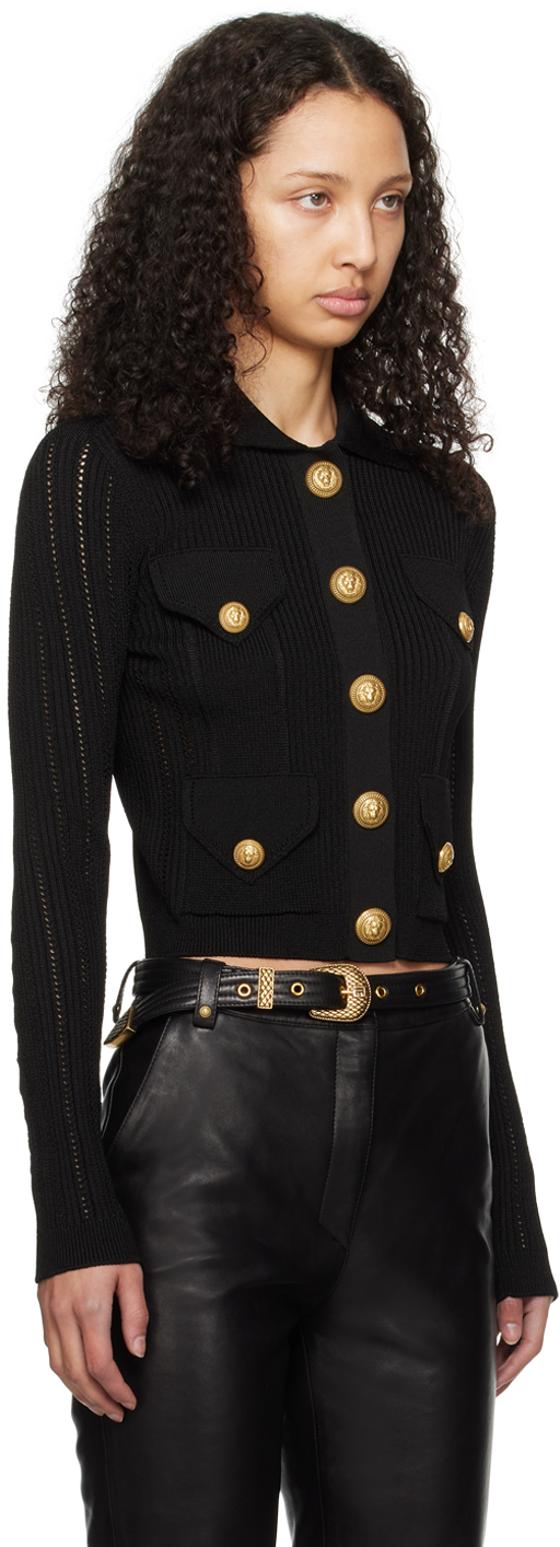 Balmain Button-embellished Ribbed Cardigan In 0pa Noir