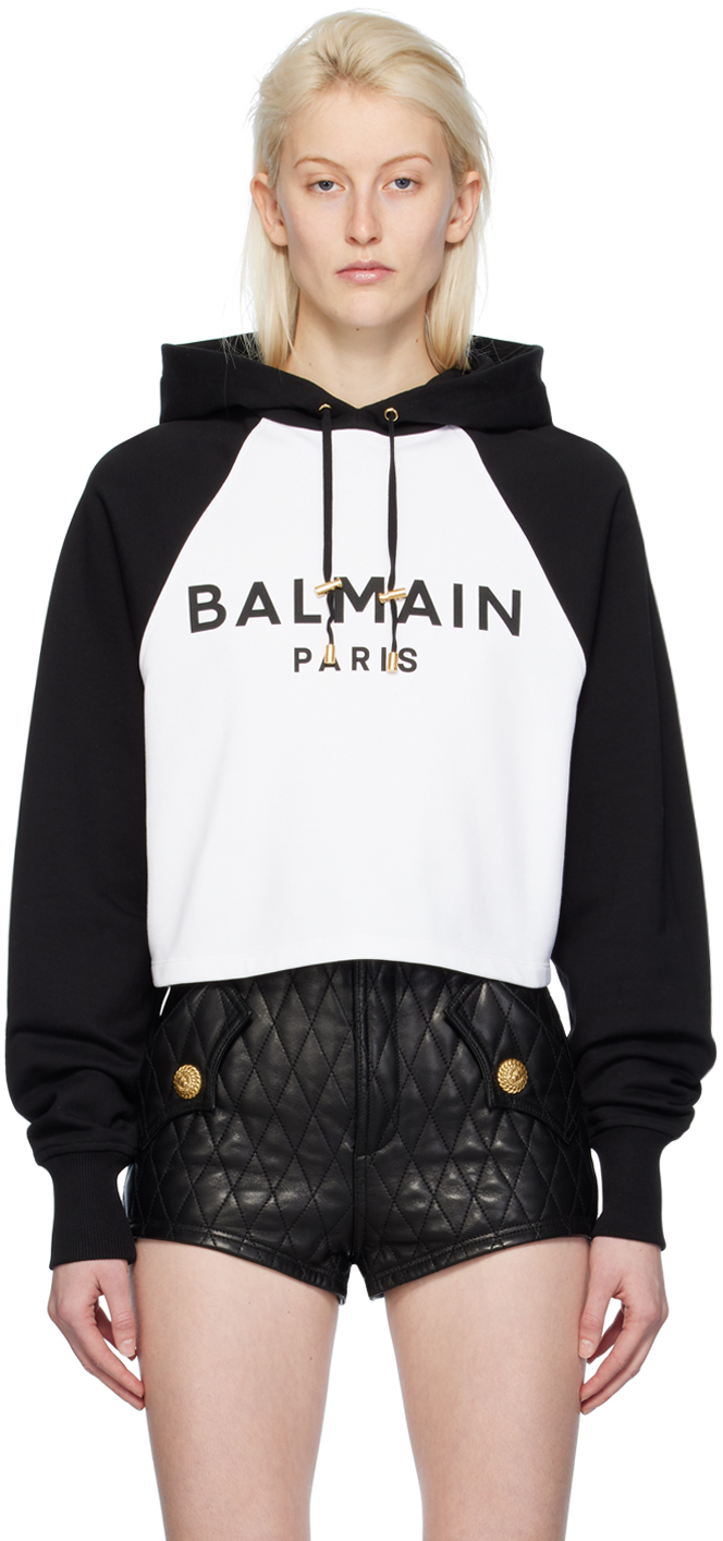 Shop Balmain Black & White Raglan Hoodie In Gab Blanc/noir