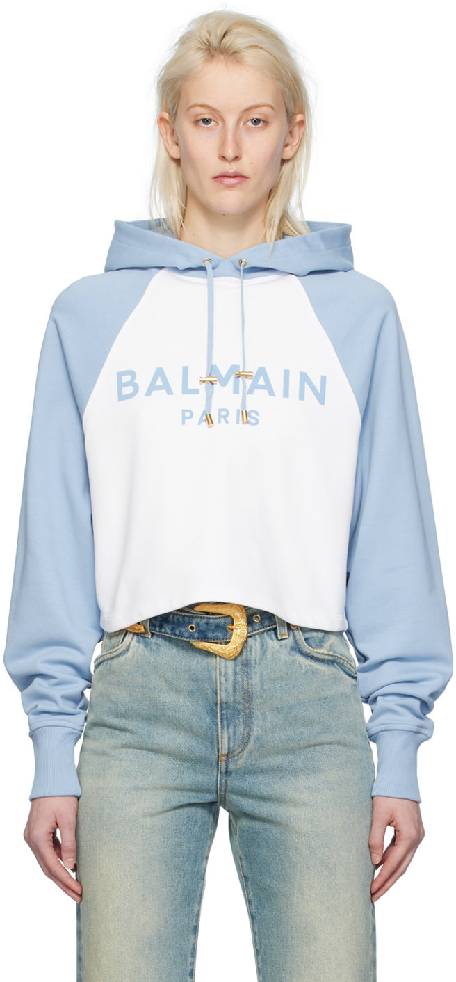 Shop Balmain Blue & White Raglan Hoodie In Grw Blanc/bleu Palé