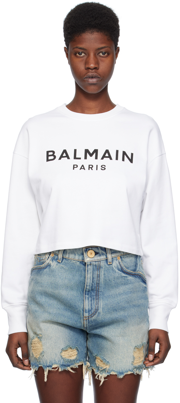 Shop Balmain White Printed Sweatshirt In Gab Blanc/noir