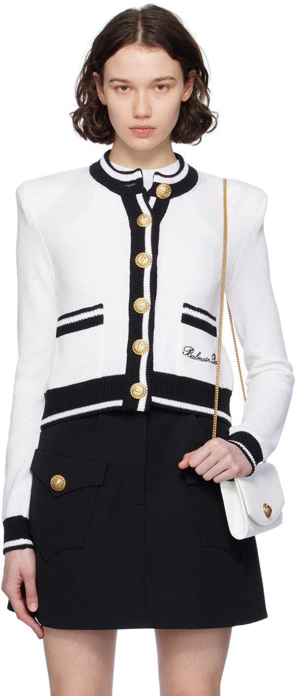 Balmain Signature Logo-embroidered Cardigan In Gab Blanc/noir