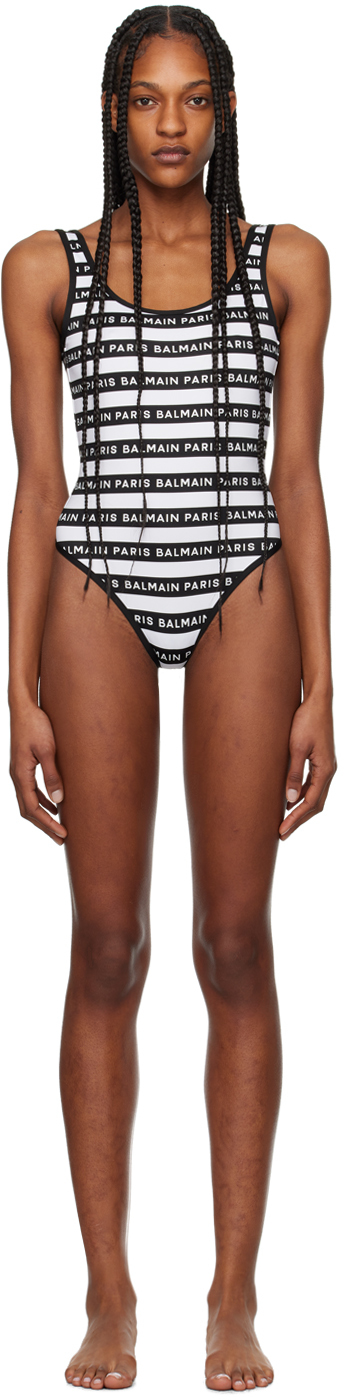 Balmain Black White Striped One Piece Swimsuit SSENSE