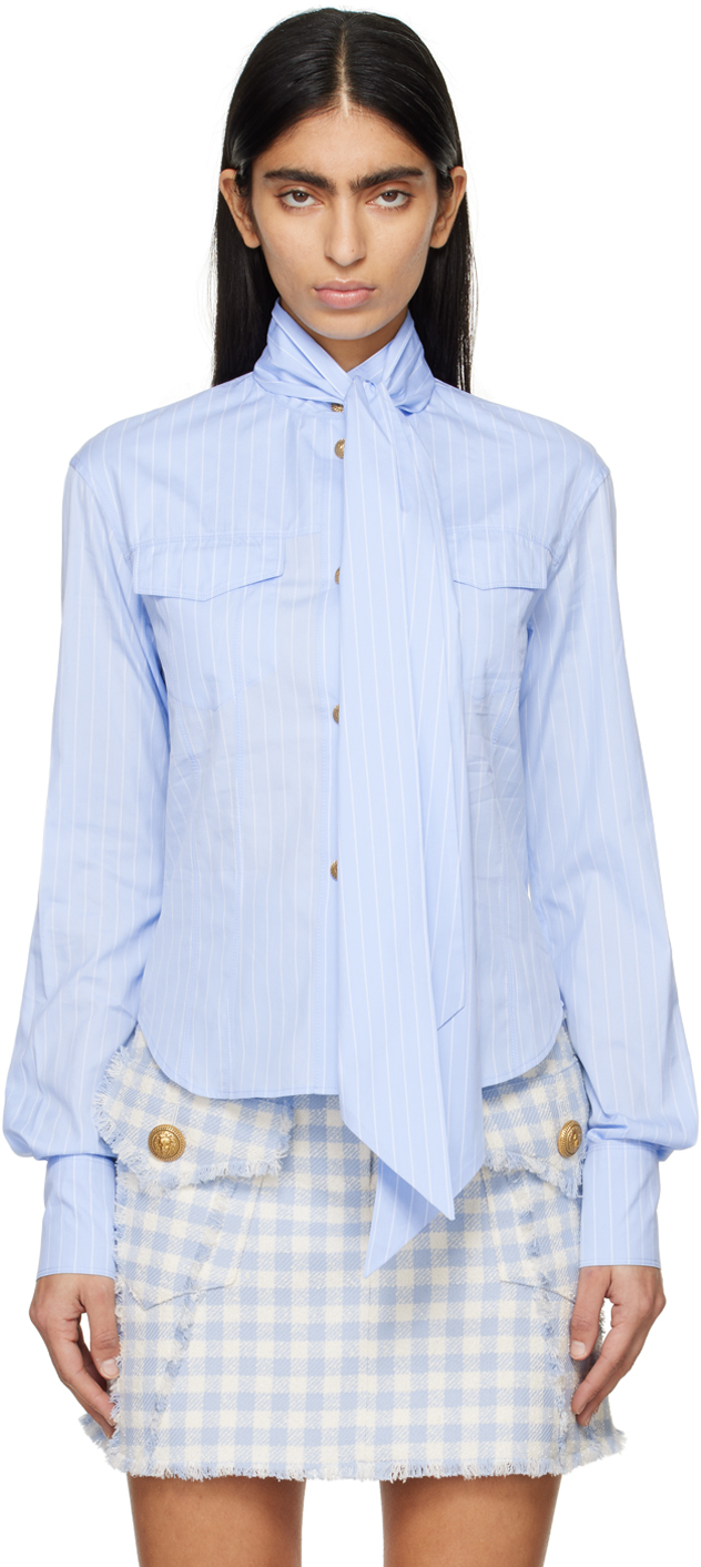 Balmain Blue Striped Shirt In Slj Bleu Pâle/blanc