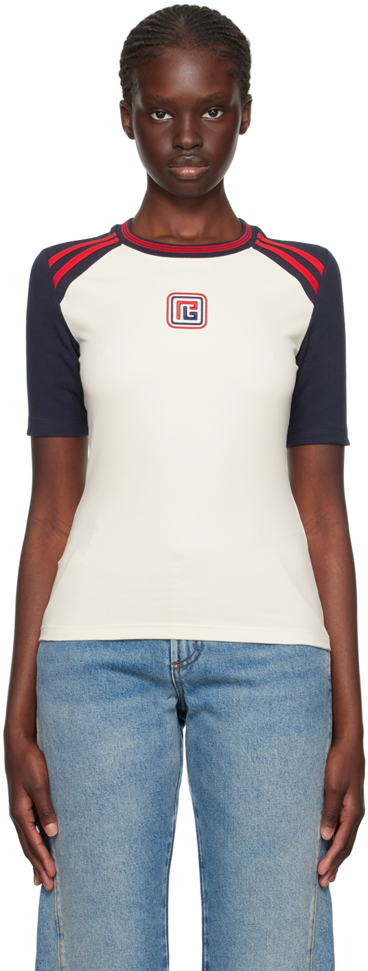 Shop Balmain Off-white Retro Pb T-shirt In Gou Crème/marine/rou