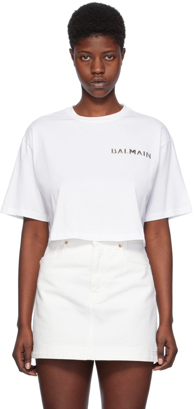 Balmain White Cropped T-shirt In Gac Blanc/argent