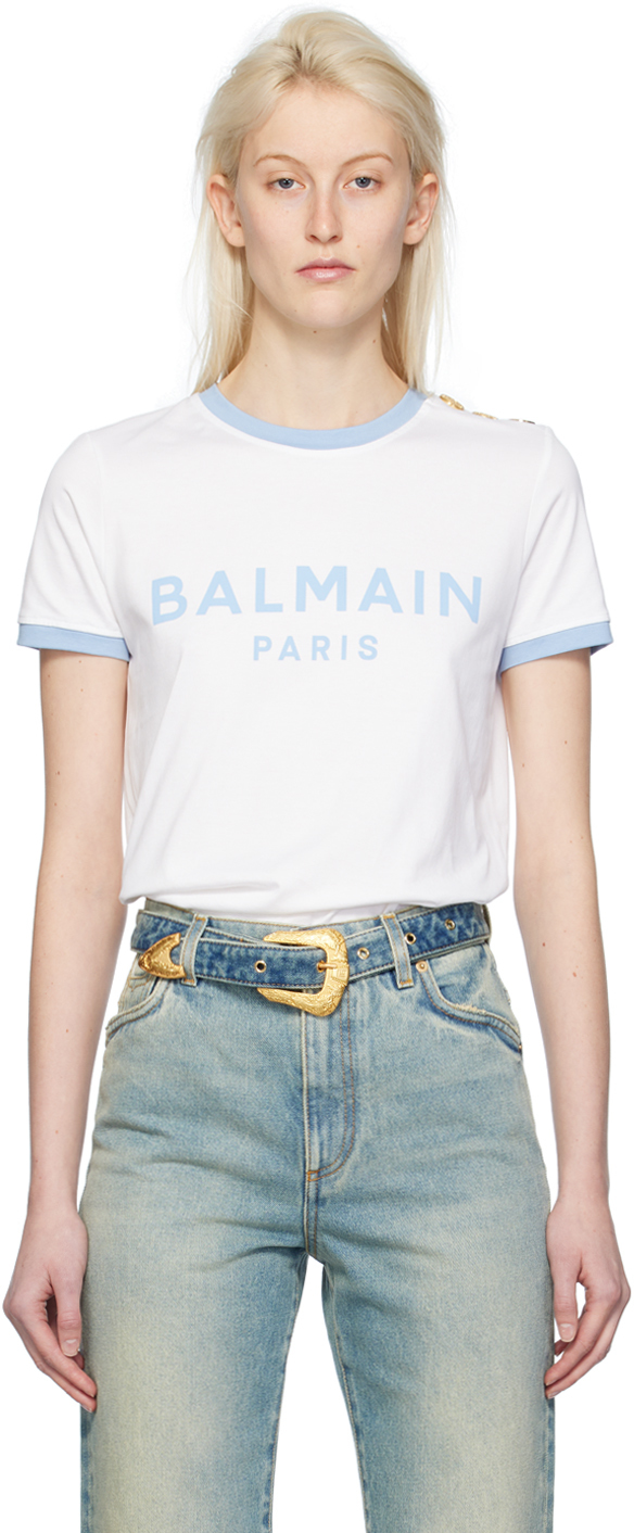 Shop Balmain White Three-button T-shirt In Grw Blanc/bleu Pâle