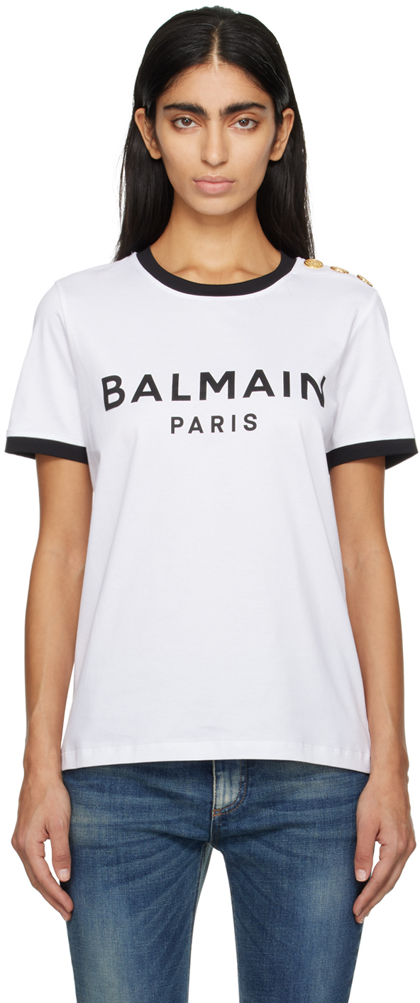 Balmain White Printed T-shirt In Gab Noir/blanc