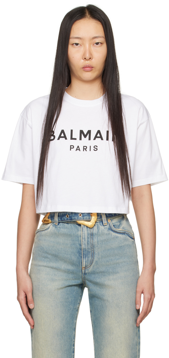 Shop Balmain White Cropped T-shirt In Gab Blanc/noir