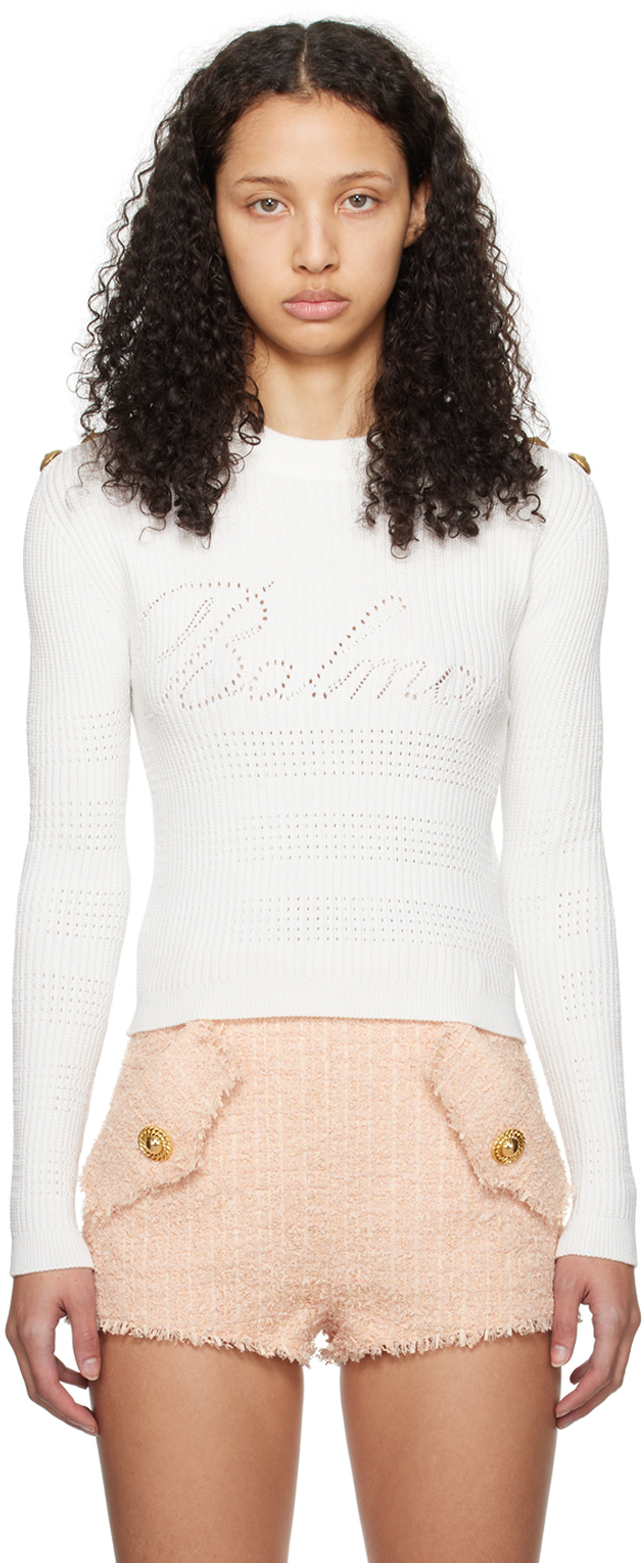 Balmainのホワイト シグネチャ セーターがセール中