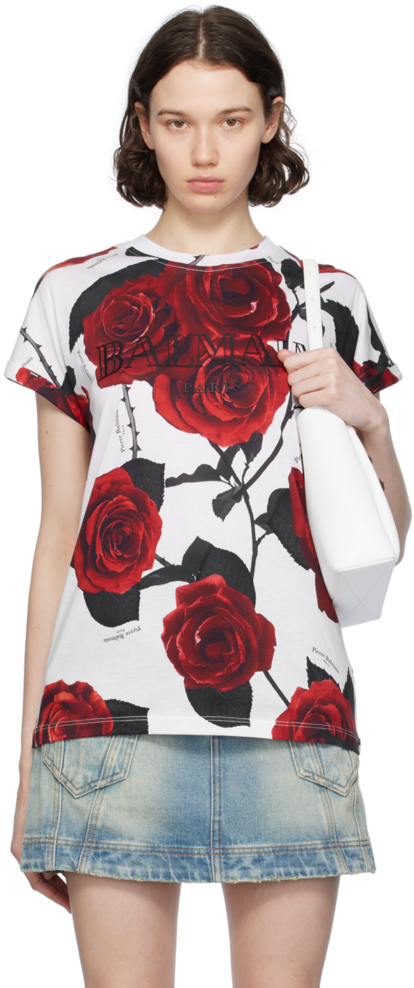 White & Red Rose Print T-Shirt