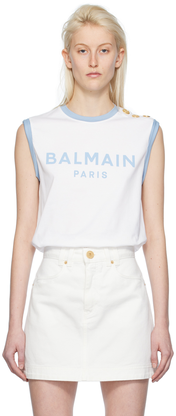 Shop Balmain White Three-button Tank Top In Grw Blanc/bleu Pâle