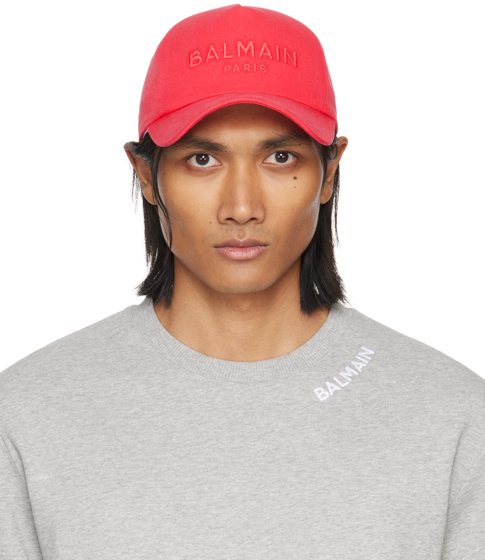 Balmain Red Embroidered Cap In Meu Coquelicot