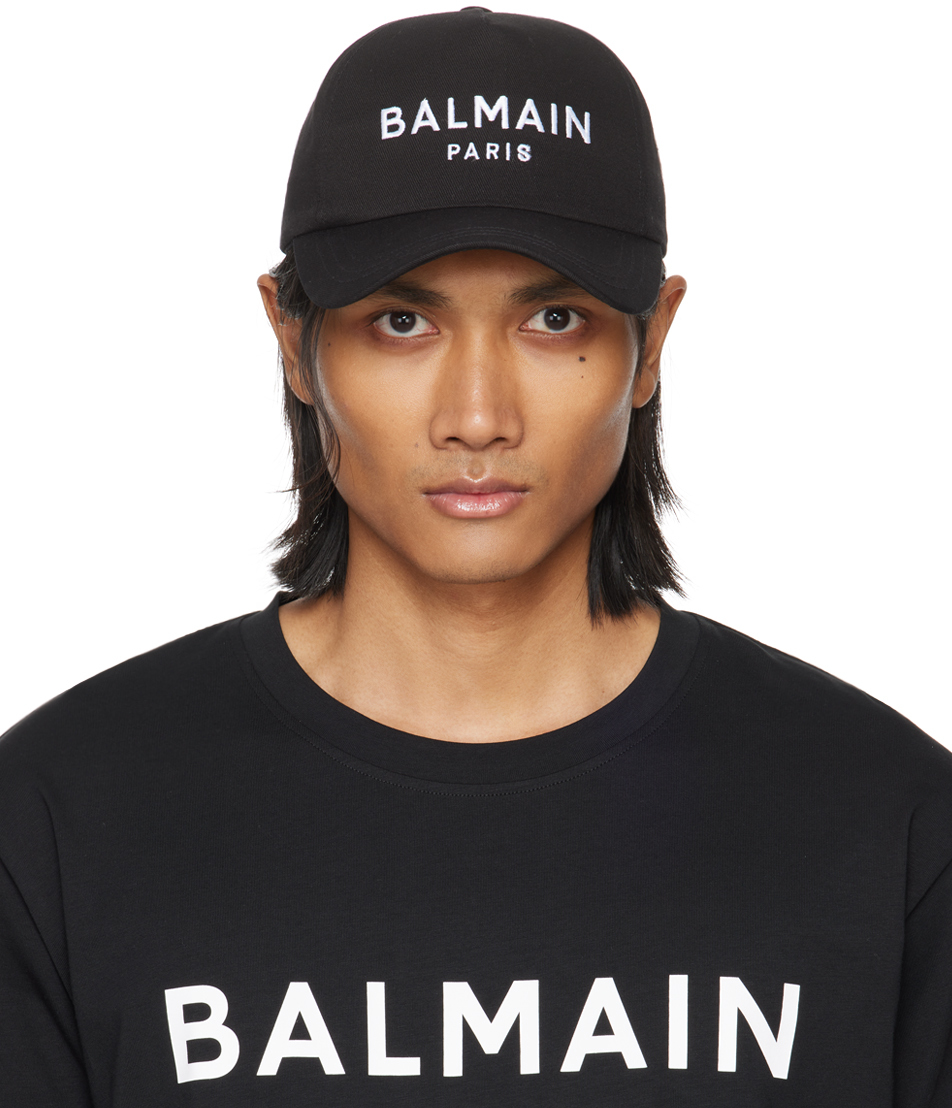 Balmain Black Embroidered Cap In Eab Noir/blanc