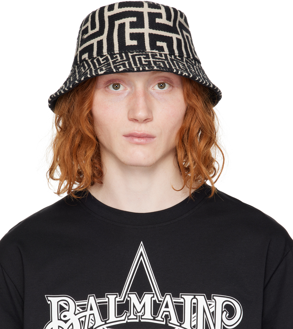 Balmain Black Monogrammed Jacquard Bucket Hat