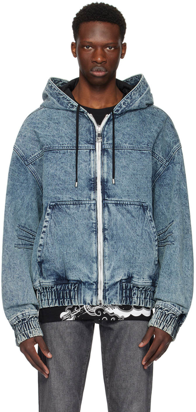 Shop Balmain Blue Hooded Denim Bomber Jacket In 6ff Bleu Jean