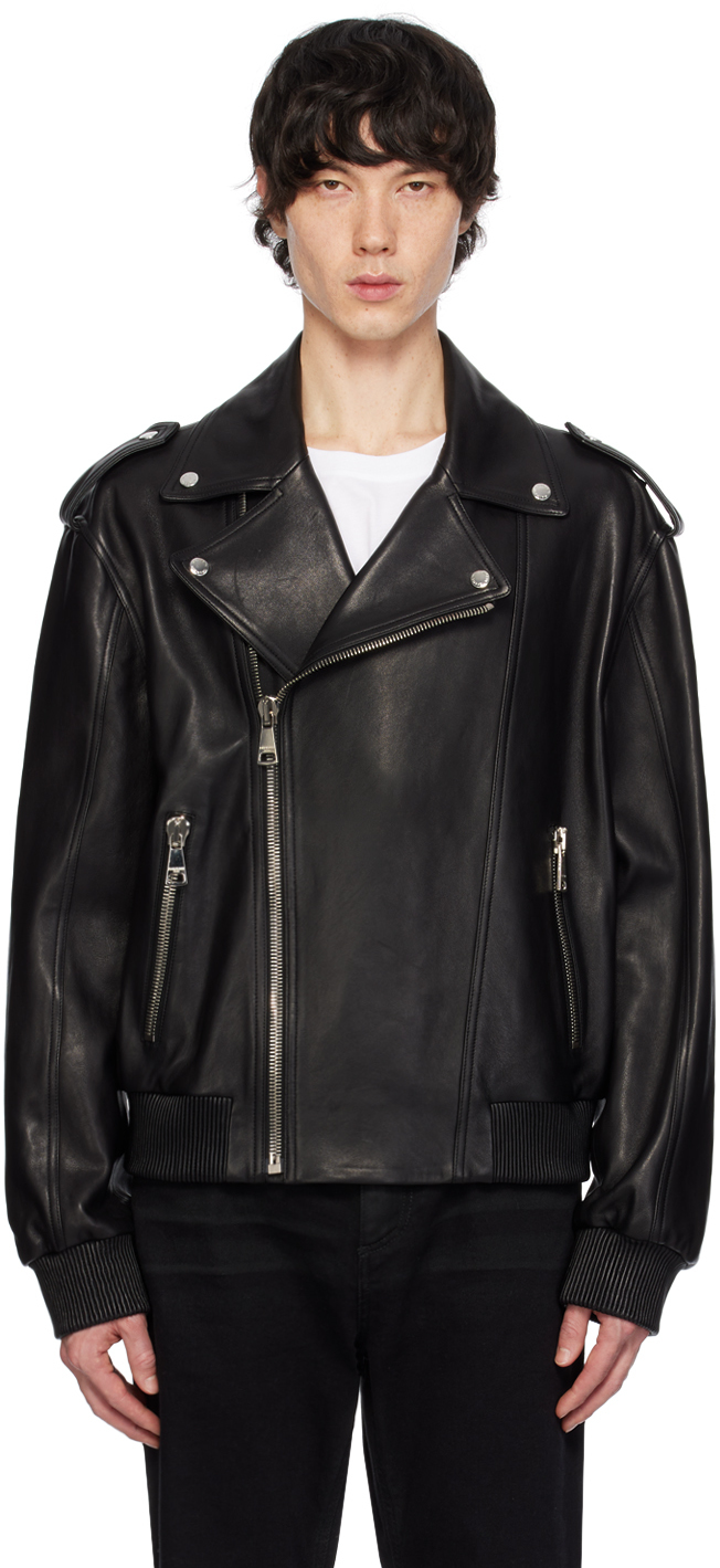 Shop Balmain Black Leather Bomber Jacket In 0pa Noir