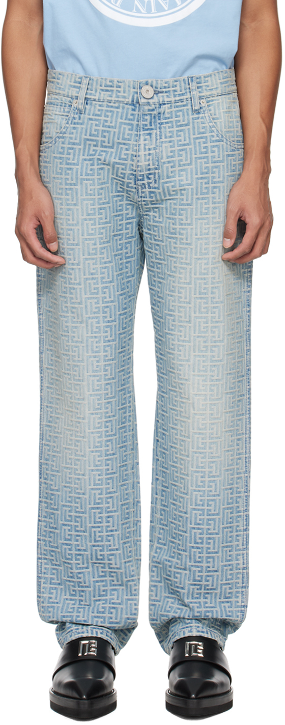 Balmain Monogram-pattern Cotton Jeans In Light Blue