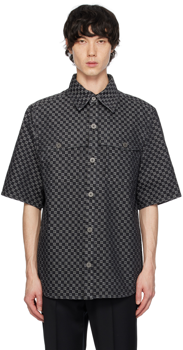 Shop Balmain Black Jacquard Denim Shirt In Eab Noir/blanc
