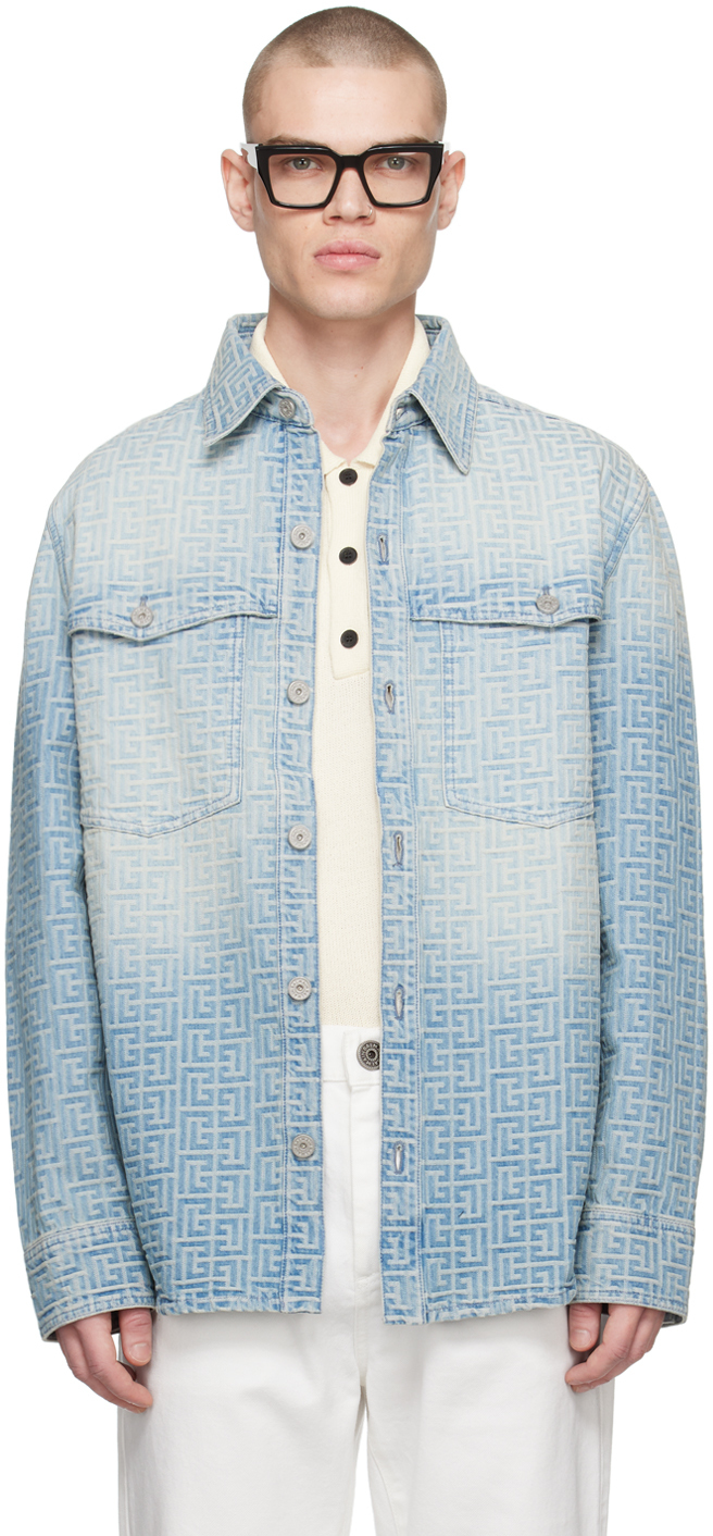 Shop Balmain Blue Monogram Denim Shirt In 6ff Bleu Jean