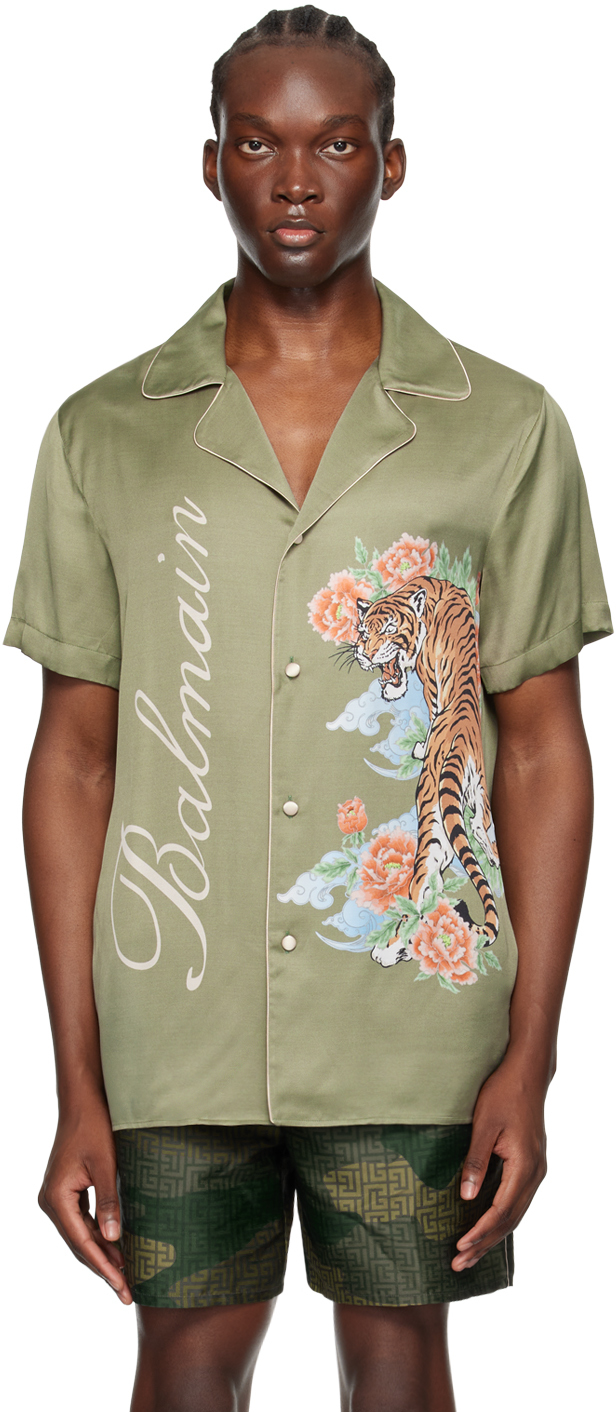 Shop Balmain Khaki Tiger Print Shirt In Ucq Kaki/multico