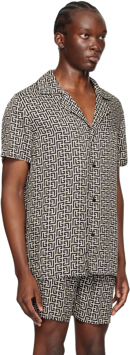 Balmain Black And White Bowling Shirt With All-over Monogram In Cupro Man In Gfe Ivoire/noir