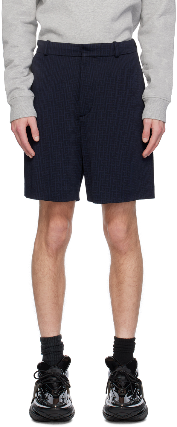 Shop Balmain Navy Jacquard Shorts In 6ub Marine