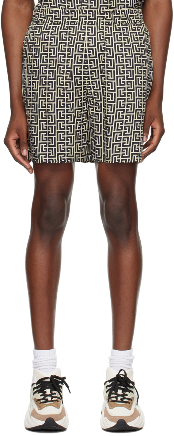 Shop Balmain White & Black Monogram Shorts In Gfe Ivoire/noir