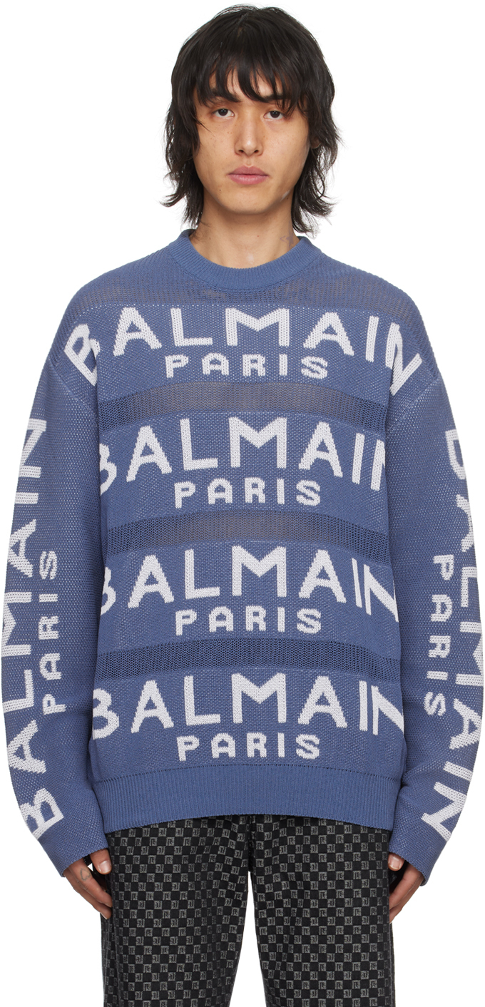 Balmain Blue Crewneck Sweater In Slj Bleu Pã‚le/blanc