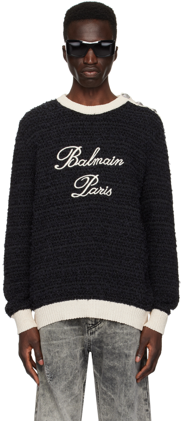 Shop Balmain Black Embroidered Sweater In Eab Noir/blanc
