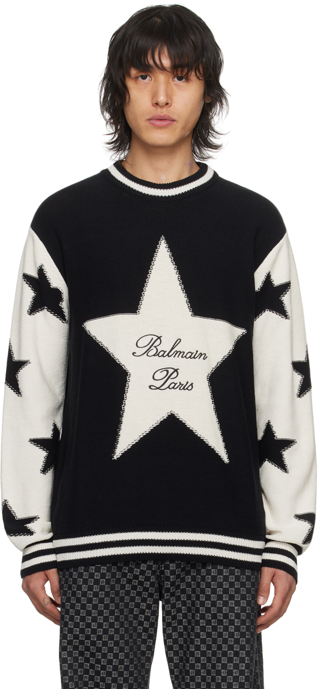 Balmain Black & White Jacquard Sweater In Eer Noir/naturel