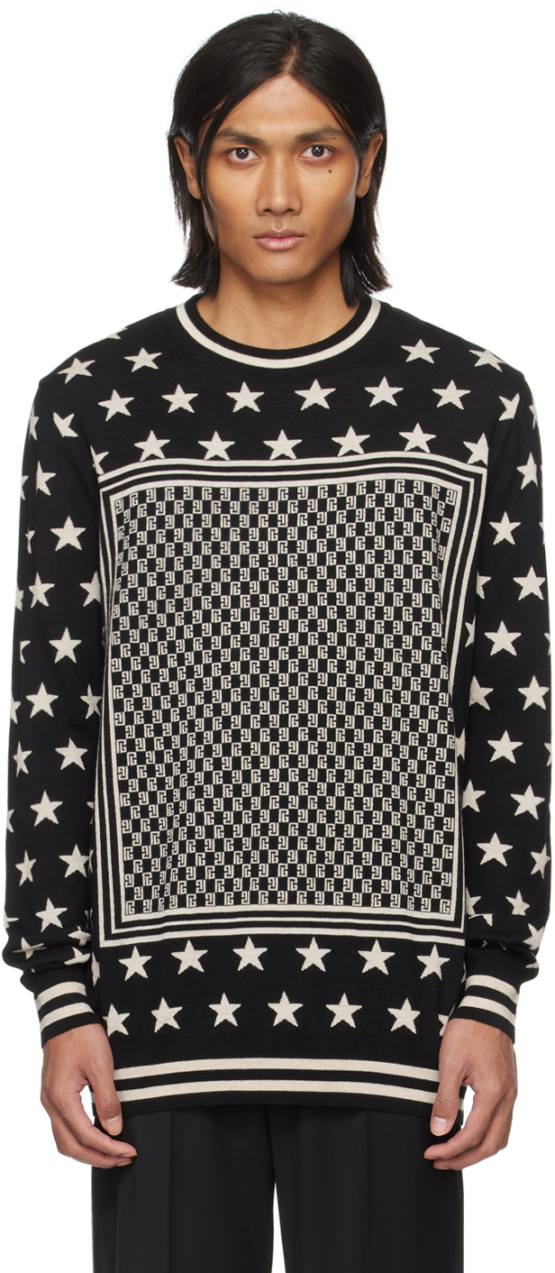 Shop Balmain Black & Beige Mini Monogram Stars Sweater In Edk Noir/ivoire