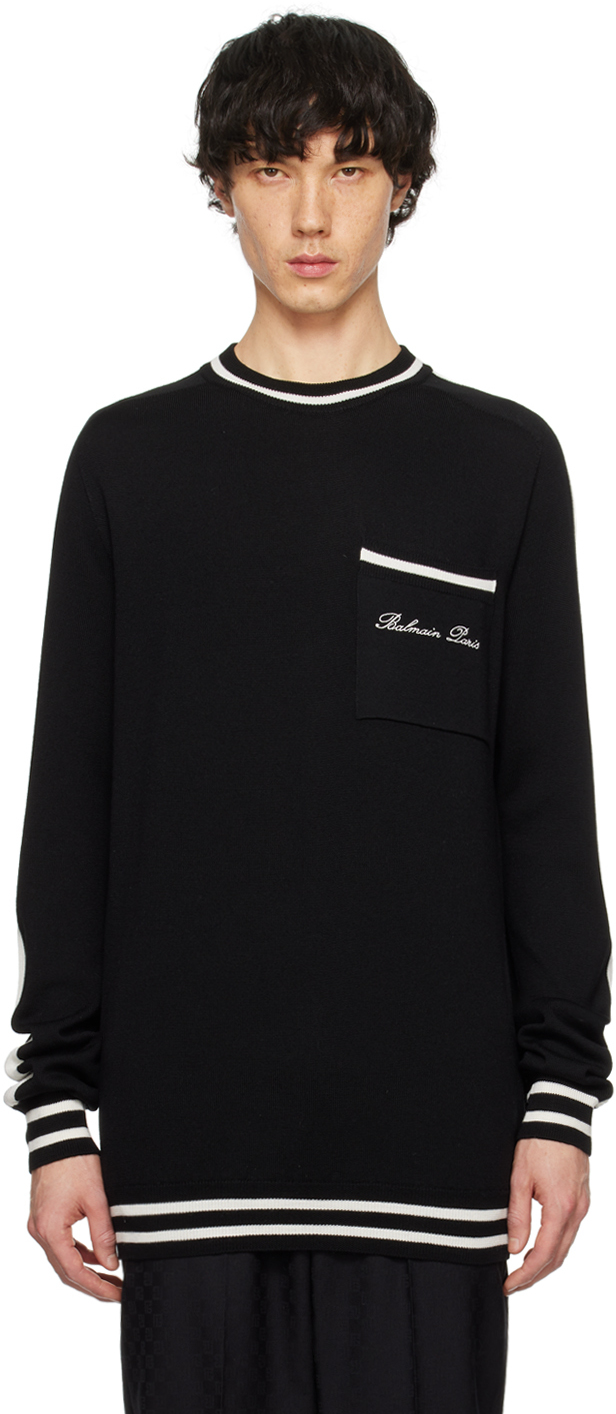 Shop Balmain Black Signature Sweater In Eer Noir/naturel